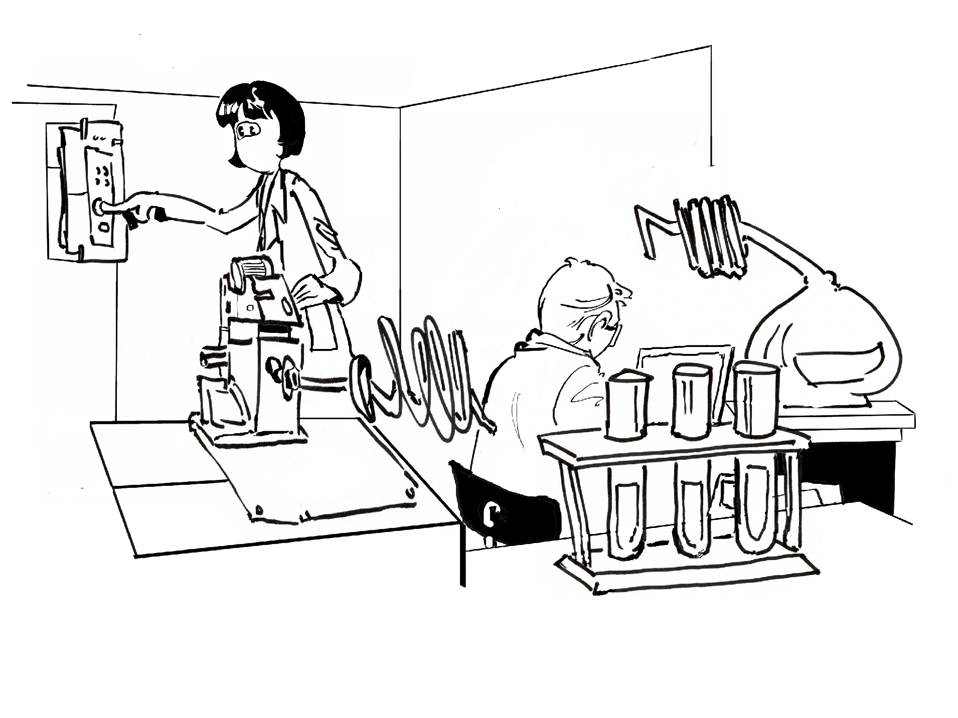 Dessin montrant deux personnes travaillant dans un laboratoire expérimental