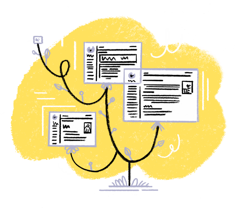 Dessin schématique d'un arbre dont les feuilles ressemblent à des pages Wikipédia