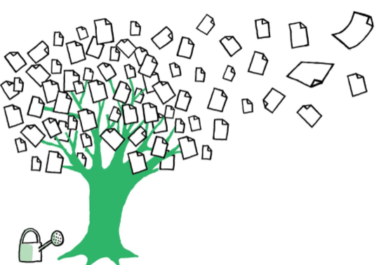 arbre dont les feuilles sont des pages A4 qui s'envolent