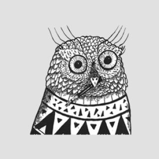 Mascotte de Delphine Montagne représentant une tête de chouette